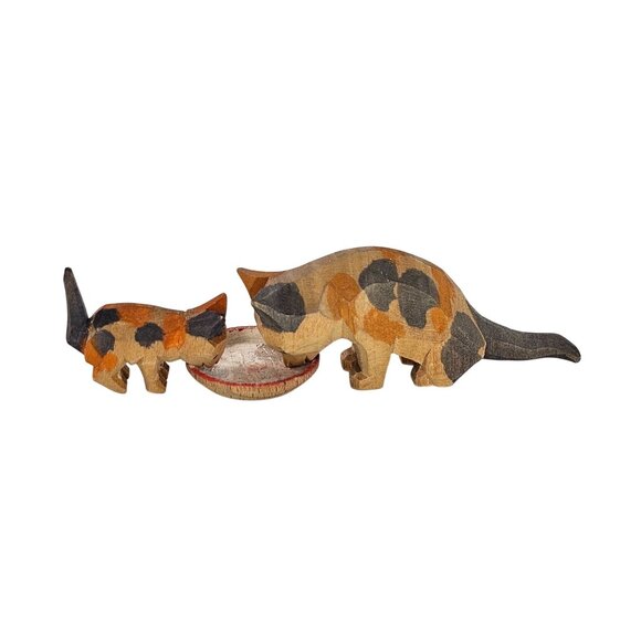 Erzgebirge Emil Helbig Wood Carved Mother And Baby Calico Cat With Milk Dish